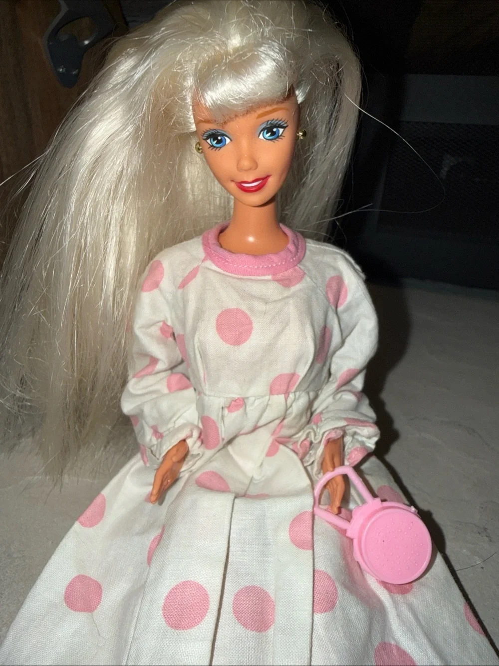 Barbie vintage white long sleeve pink polka dot dress and purse